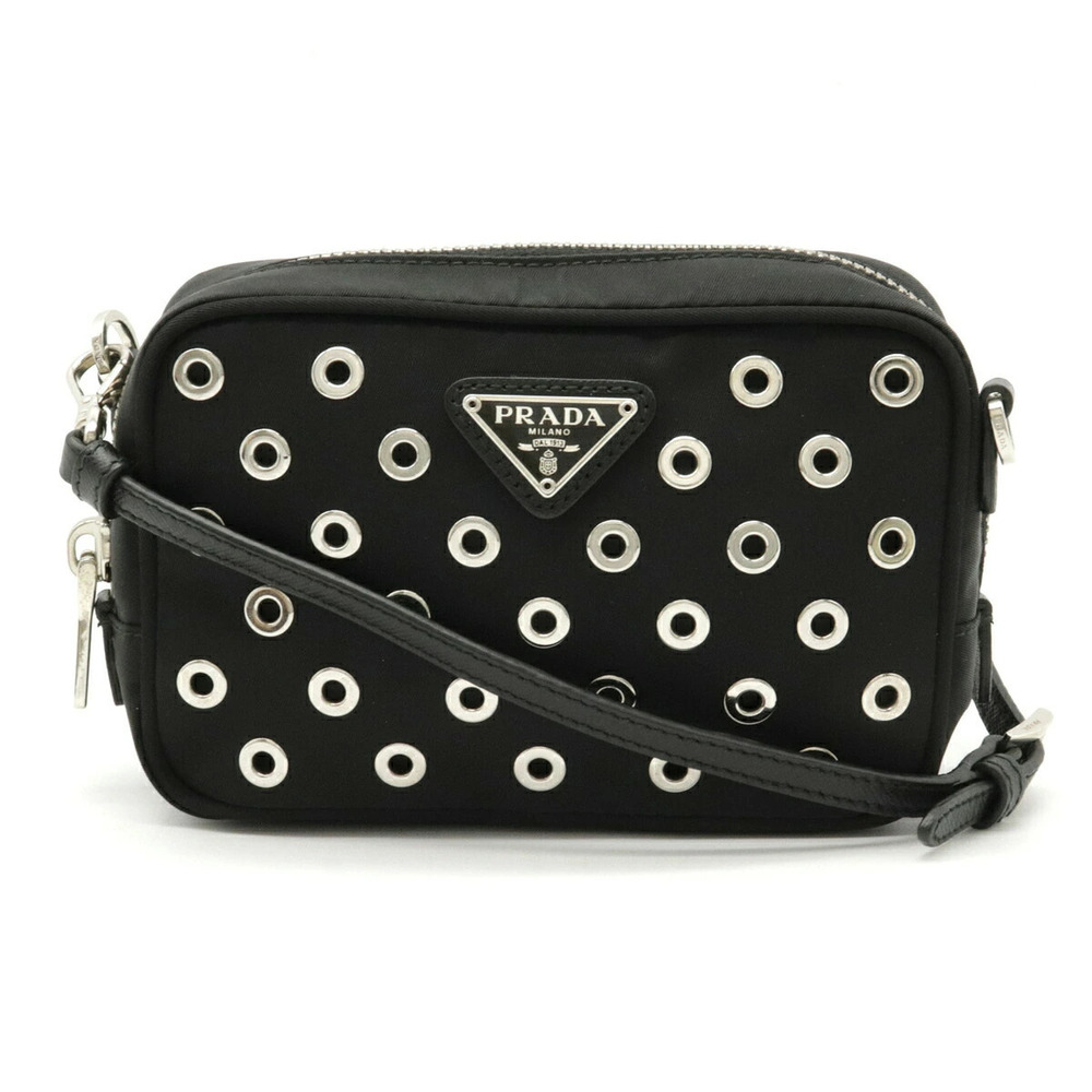 Prada TESSUTO VELE Eyelet Shoulder Bag Accessory Case Leather NERO Black